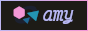 a button with amy written on it in all lowercase in a script font, with some symbols on the left